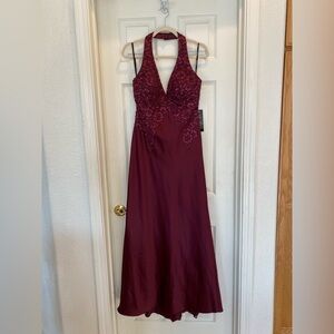 Xscape Burgundy Backless Halter Dress